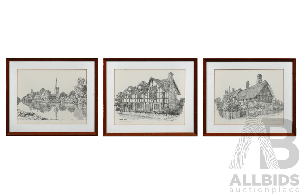 Anthony John (20th Century), Shakespeare's Birthplace; Holy Trinity Church & Anne Hathaway's Cottage, Trio of Quality Prints of Original Pencil and Inks (3)