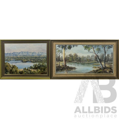 E. Beattie and N.G, Swend, (20th Century, Dates Unknown), Wonderful Pair of Vintage Landscapes Featuring Water, Oil on Canvas and on Board, 49 x 82 cm (frame;Beattie) (2)