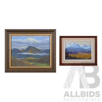 E. J. Thomas, (20th Century, New Zealander, Working c1980s), Bayonet Peaks and Mitre Peak, New Zealand, Pair of Oil on Boards, 29 x 34 cm (largest frame) (2)