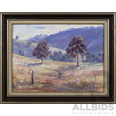 Geoff Naylor, (20th Century, Australian, Currently Active), Back Paddock (1986), Oil on Canvas Board, Signed and Dated, Exhibition of Artist Currently Underway at Kyeema Gallery, 39 x 50 cm (frame)