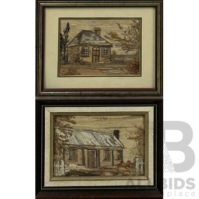 Joan Coates (20th Century, Australian), Humble Cottage & Early Tasmanian Cottage, Pair of Unique Tasmanian Bark & Seaweed Bark Art, 18.5 x 23.5 cm (larger frame) (2)