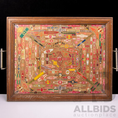Vintage Wooden Serving Tray with Collection of Cigar Labels Under Glass