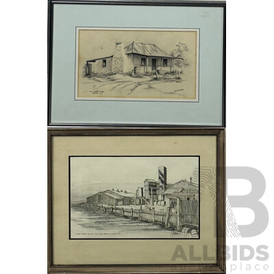 Lindsay Richards (20th C, Australian), John Perry Pty Ltd, Batemans Bay (1981), Ink & D.J. Cleverely, (20th C, Australian, Old Pioneer's Cottage, SA, Pencil Sketch, 37 x 50 cm (larger frame) (2)