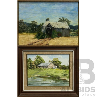 D. McGarrigle (20th Century), Lavender Bay, Vintage Acrylic on Board, 31 x 36 cm (frame) & Artist Unknown, Country Barn, Vintage Oil on Board, 32 x 43 cm (2)