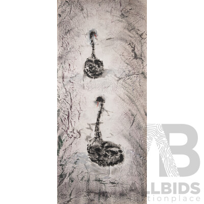 Chris (Last Name Unknown), (20th Century), Black Swans, Wonderful Mixed Media Acrylic & Pigment Dye on Cloth, 105 x 46 cm (edge to edge)