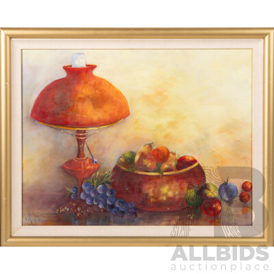Kerry Tarlinton, (20th Century, Australian), Still Life Lamp with Fruit Bowl, Wonderful Original Oil on Masonite Board, 47 x 59 cm (frame)