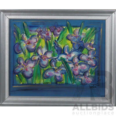 Leslie Duggan, (20th Century, New Zealander), Violet Garden (2002), Original Mixed Media Fabric Paint and Ink on Cloth, 50 x 60 cm (frame)