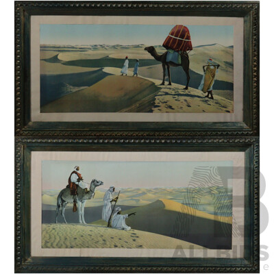 Artist Unknown (c1920s), Au Desert I & II, Pair of Antique Moroccan or Algerian French Colour Prints, 41 x 77 cm (frames) (2)