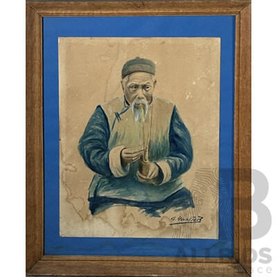 G. Yahsor (Asian School, 20th Century), Old Man with Pipe, Original Vintage Watercolour, 58.5 x 45.5 cm (frame)