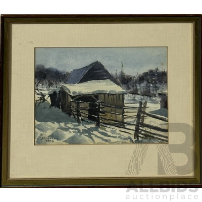 C.H.Dracon (working 1958), Snowy House, Lovely Vintage Watercolour on Card, 27 x 31.5 cm (frame)