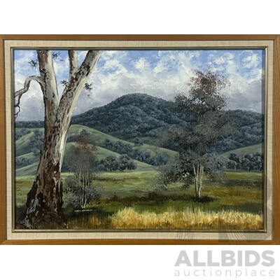 Joan Lehmann, (20th Century, Australian, Working c1970s), Scene Near Wodonga, North Eastern Victoria, Acrylic on Canvas, 59 x 79 cm (frame)