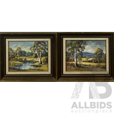 Pamela Lethlean, (Australian, ?-2021), Bush Cottage and Dam by the Gumtrees, Pair of Early EIghties Oil on Canvas Board, 19 x 24 cms (frames) (2)