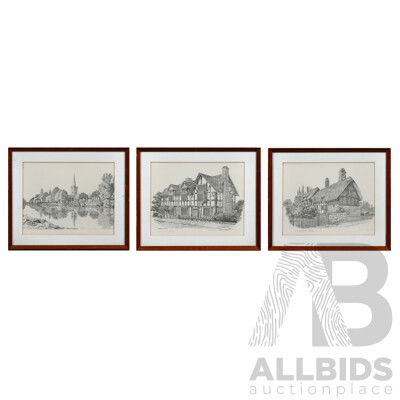 Anthony John (20th Century), Shakespeare's Birthplace; Holy Trinity Church & Anne Hathaway's Cottage, Trio of Quality Prints of Original Pencil and Inks (3)