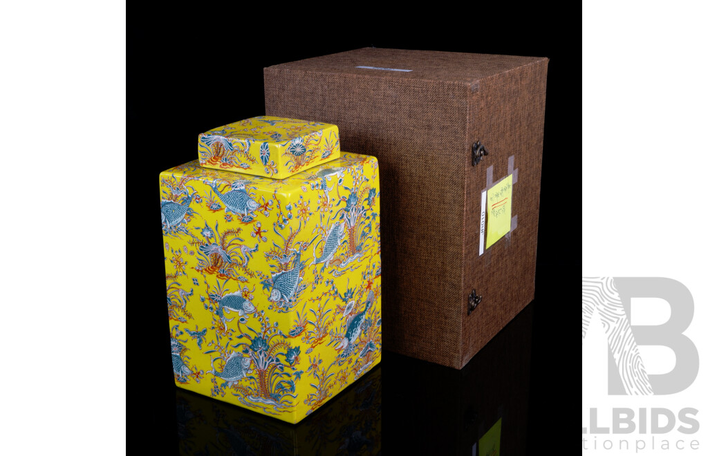 Vintage Chinese Yellow Ground Square Form Tea Caddy with Carp Motif in Cloth Covered Presentation Box