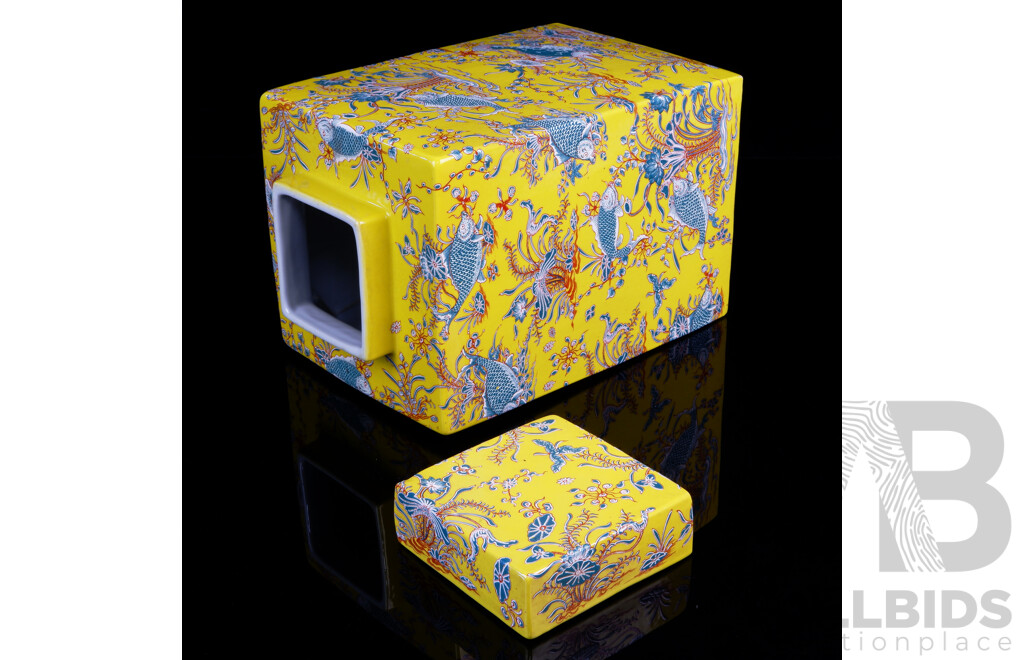 Vintage Chinese Yellow Ground Square Form Tea Caddy with Carp Motif in Cloth Covered Presentation Box