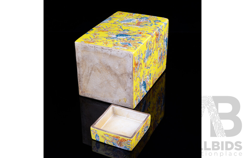 Vintage Chinese Yellow Ground Square Form Tea Caddy with Carp Motif in Cloth Covered Presentation Box