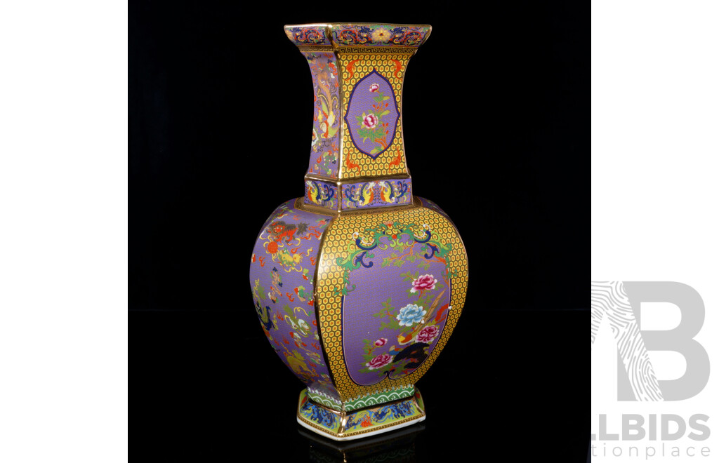 Impressive Chinese Hand Painted Hexagonal Porcelain Vase with Qianlong Mark to Base in Original Presentation Box