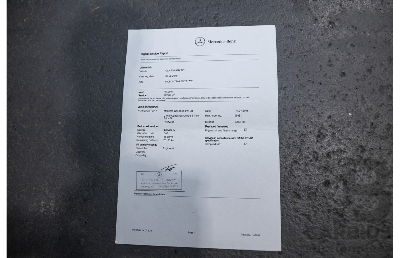 6/2015 Mercedes Benz CLA250 Sport 4matic (AWD) AMG Pack 4d Shooting Brake 117 4d Wagon Polar Silver Metallic Turbo 2.0L
