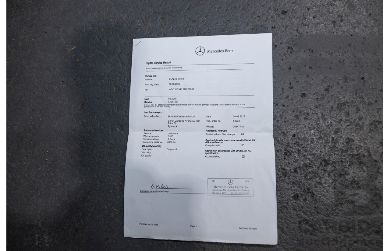 6/2015 Mercedes Benz CLA250 Sport 4matic (AWD) AMG Pack 4d Shooting Brake 117 4d Wagon Polar Silver Metallic Turbo 2.0L