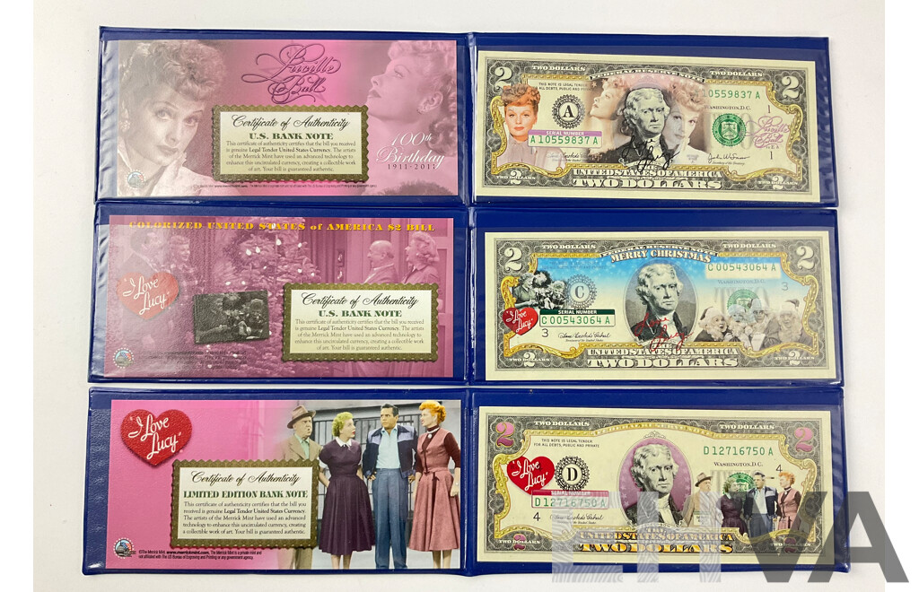 'I Love Lucy' Lucille Ball Collector's USA $2 Commemorative Bank Note, Genuine Legal Tender, Issued by the Merrick Mint, in Presentation Folders X 3