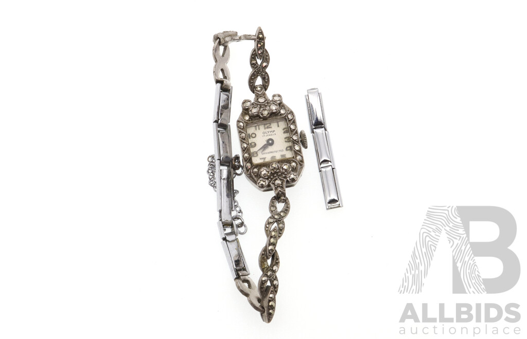Vintage OLYMP 17 Jewel Shock Protected Marcasite Wrist Watch with Extra Links