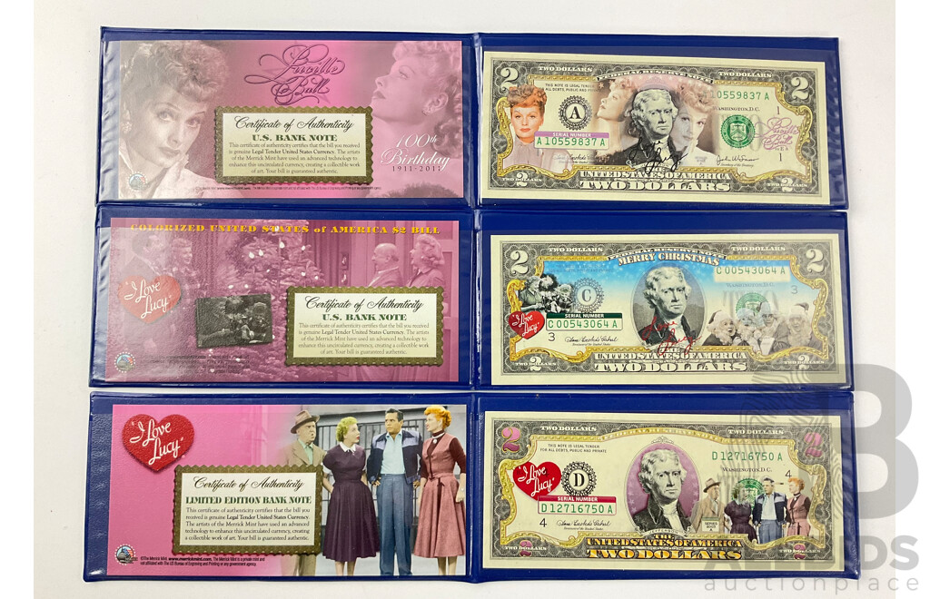 'I Love Lucy' Lucille Ball Collector's USA $2 Commemorative Bank Note, Genuine Legal Tender, Issued by the Merrick Mint, in Presentation Folders X 3