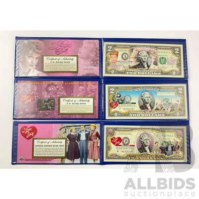 'I Love Lucy' Lucille Ball Collector's USA $2 Commemorative Bank Note, Genuine Legal Tender, Issued by the Merrick Mint, in Presentation Folders X 3