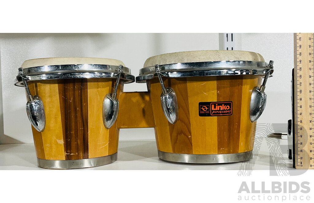 Pair of Vintage Linko Percussion Wooden Bongo Drums