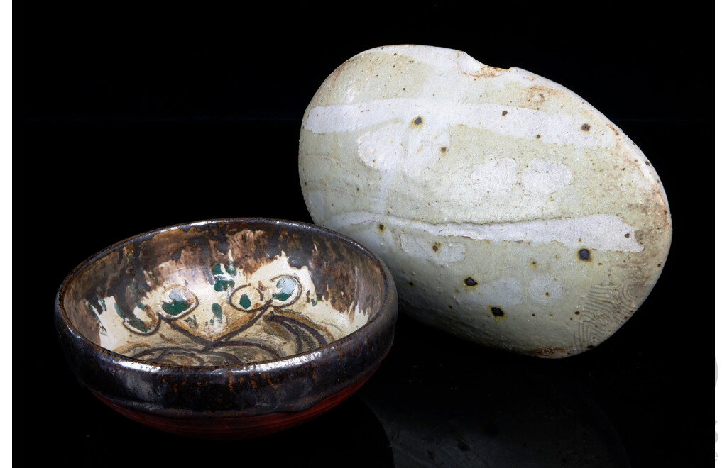 Vintage Hand Made Studio Art Pottery Dish by Lucy Hatton Beck Along with Another Studio Pottery Piece