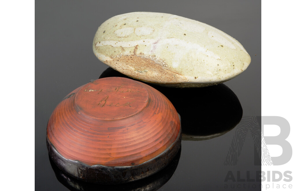 Vintage Hand Made Studio Art Pottery Dish by Lucy Hatton Beck Along with Another Studio Pottery Piece