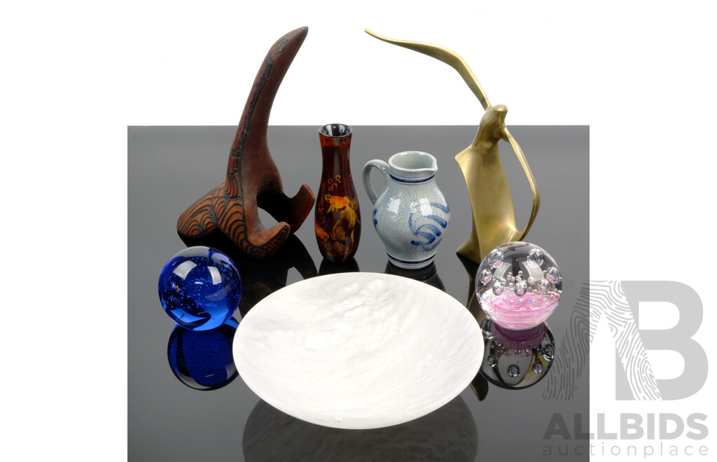 Collection Decorator Items Including Two Glass Paperweights, Australian Indigenous Pokerwork Figure, Alabaster Bowl and More