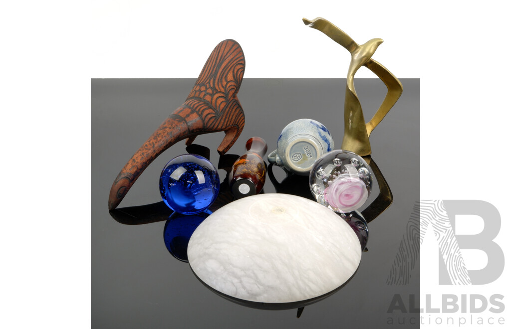 Collection Decorator Items Including Two Glass Paperweights, Australian Indigenous Pokerwork Figure, Alabaster Bowl and More