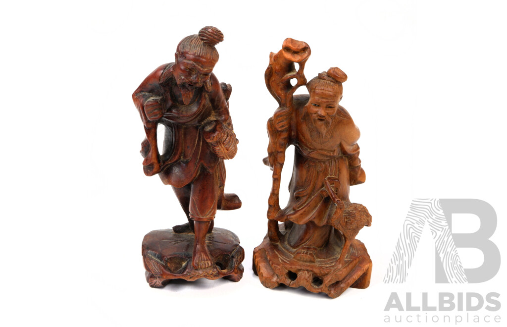 Two Vintage Hand Carved Chinese Wooden Figures