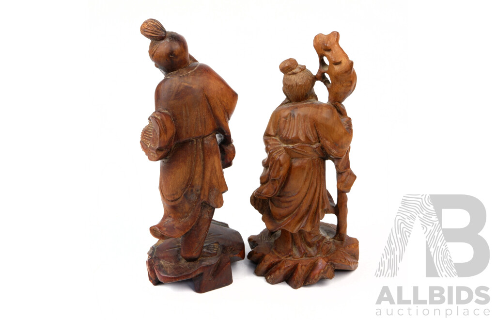 Two Vintage Hand Carved Chinese Wooden Figures