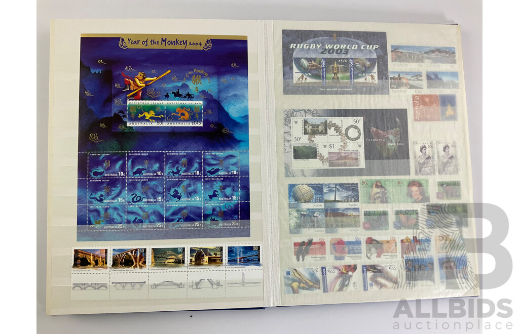 Album of Australian 2000's Mint Stamp Strips, Blocks and Mini Sheets Including Chinese Lunar Years, Australian Legends, Christmas Island, Soccer in Australia, Lest We Forget and More