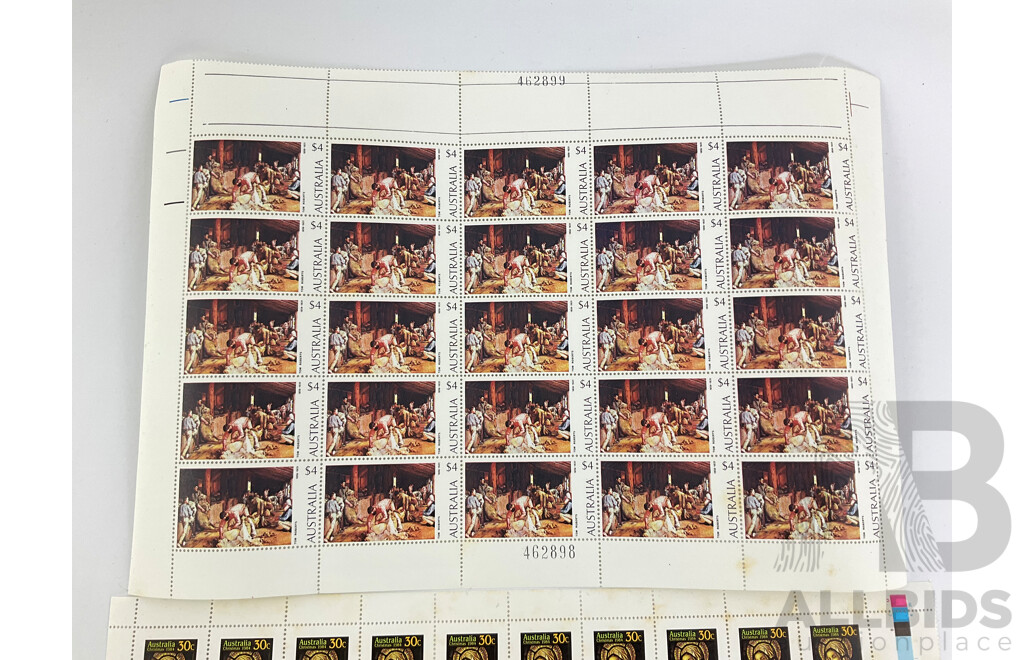 Australian Mint Stamp Sheets and Gutters Including 1974 Four Dollar Tom Roberts Shearing the Rams, 1984 Victoria 150th Anniversary, 1984 Christmas