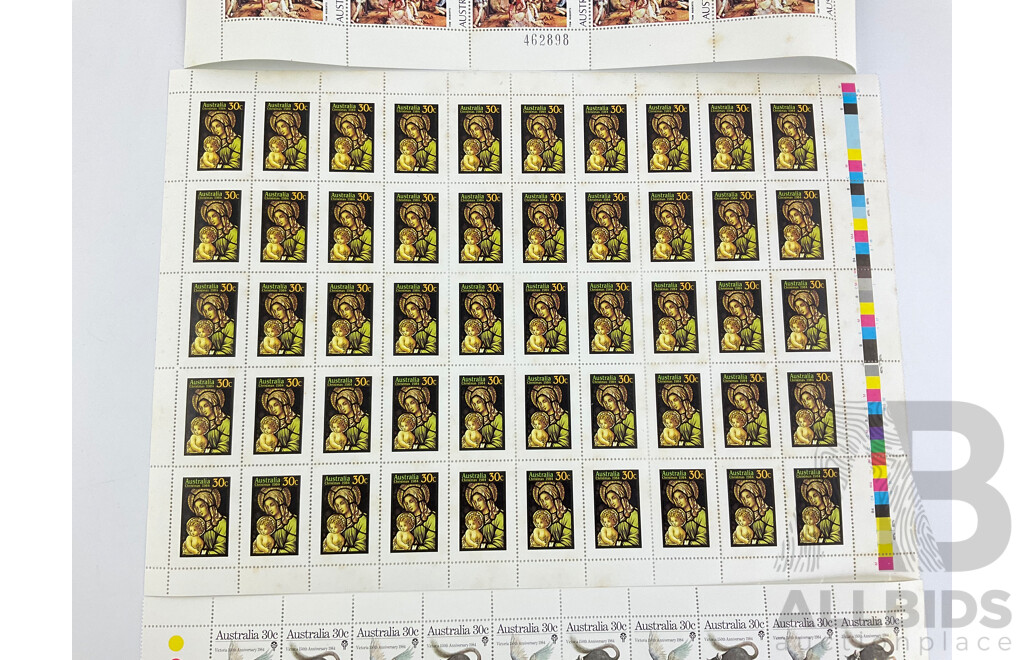 Australian Mint Stamp Sheets and Gutters Including 1974 Four Dollar Tom Roberts Shearing the Rams, 1984 Victoria 150th Anniversary, 1984 Christmas