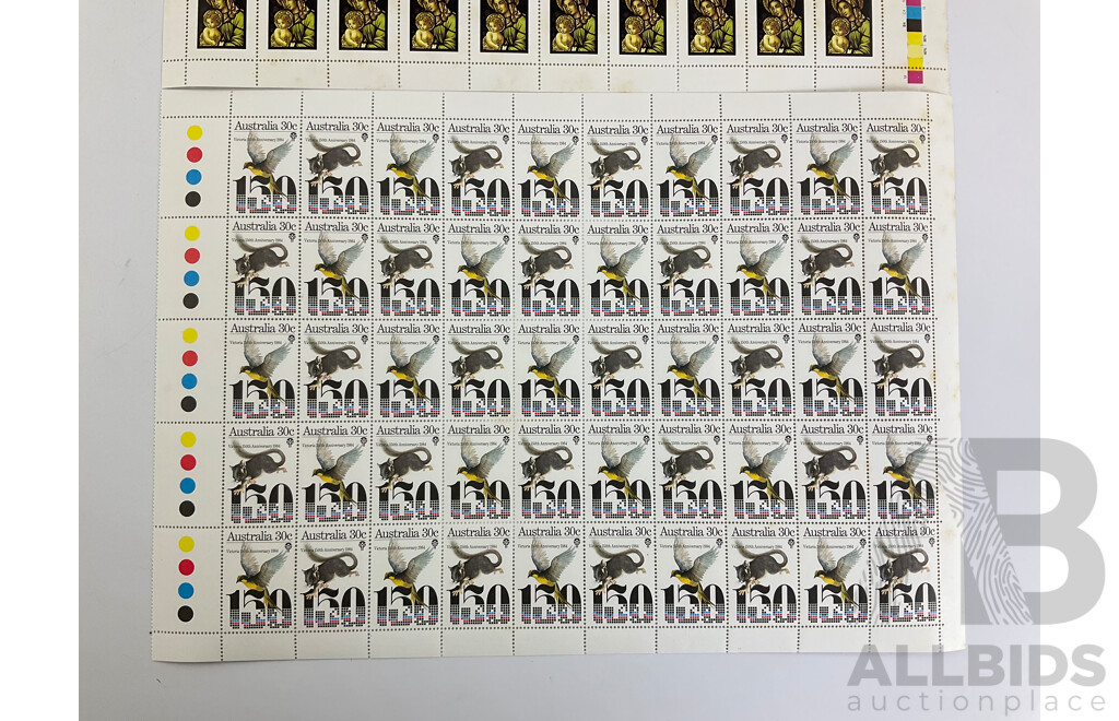 Australian Mint Stamp Sheets and Gutters Including 1974 Four Dollar Tom Roberts Shearing the Rams, 1984 Victoria 150th Anniversary, 1984 Christmas