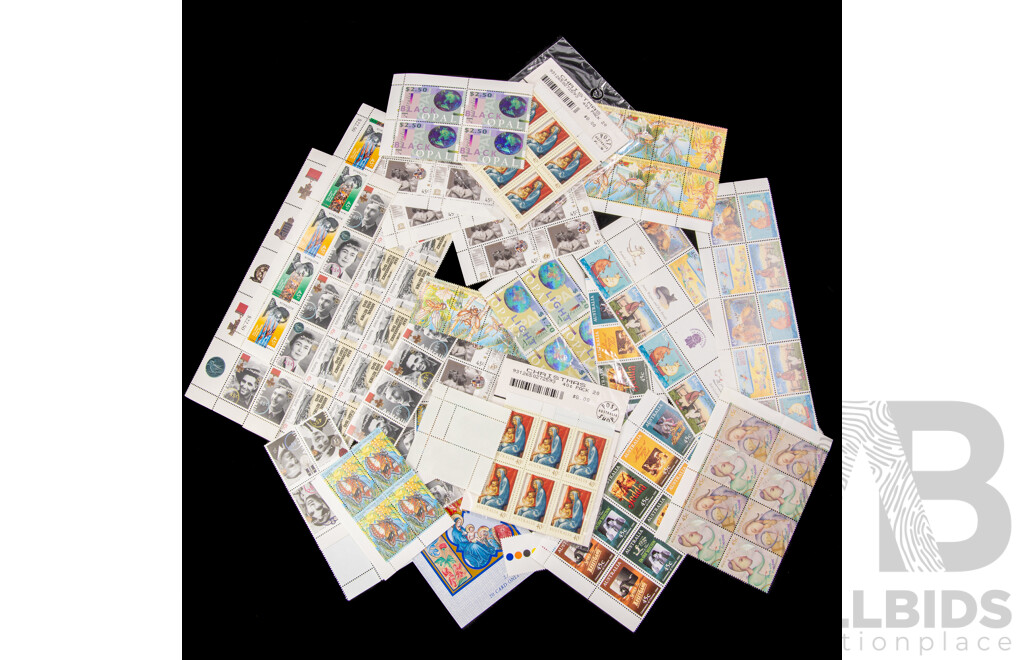 Collection of Australian Mint Stamp Blocks and Strips Including Light/Black Opal, Centenary of Cinema, Cocos Island, Collectors Choice and More