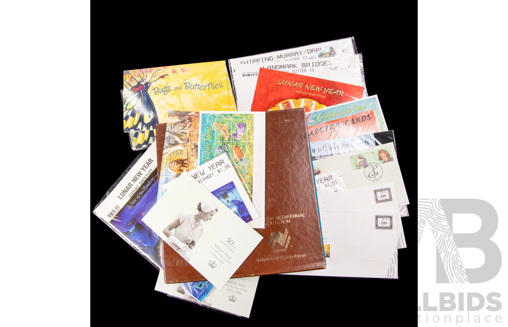 Collection of Australian Stamp Packs, Mini Sheets, First Day Covers and Album Including Our World, 'The Don' Lunar Year of the Monkey, Bicentennial Collection and More