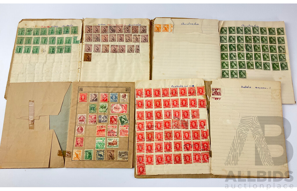 Collection of Mostly Australian Predecimal Stamp Books Including Yellow Kangaroo, Green Kolala, Red KGVI and More