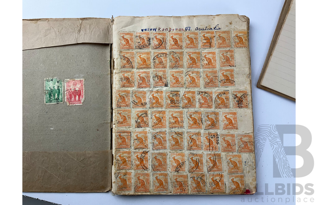 Collection of Mostly Australian Predecimal Stamp Books Including Yellow Kangaroo, Green Kolala, Red KGVI and More