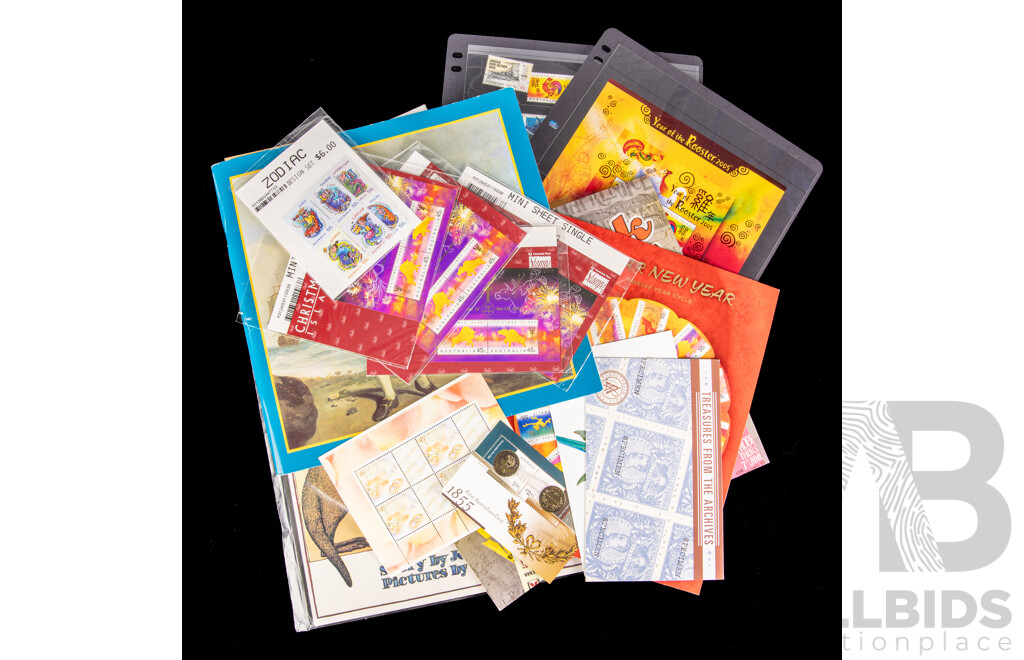 Australian Mint Stamps,mini Sheets and Packs Including 2005 and 2007 Lunar Year, Rock Posters(2) Bunyips, Treasures From the Archives, Parrots, First Australian Coin, First Fleet