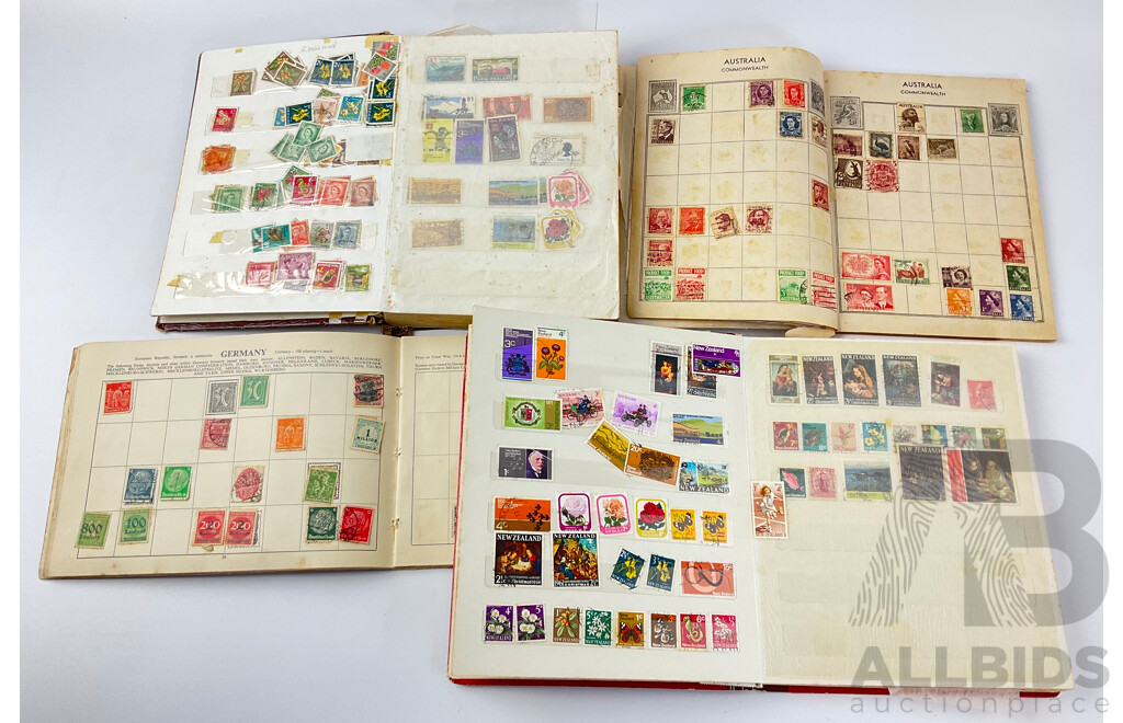 Collection of Vintage International Stamp Albums Including Australian and New Zealand Predecimal, Grenada, Sierra Leone, Denmark, Malaya, Singapore and More