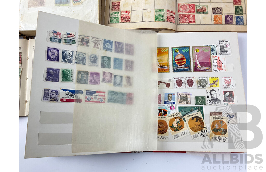 Collection of Vintage International Stamp Albums Including Australian and New Zealand Predecimal, Grenada, Sierra Leone, Denmark, Malaya, Singapore and More