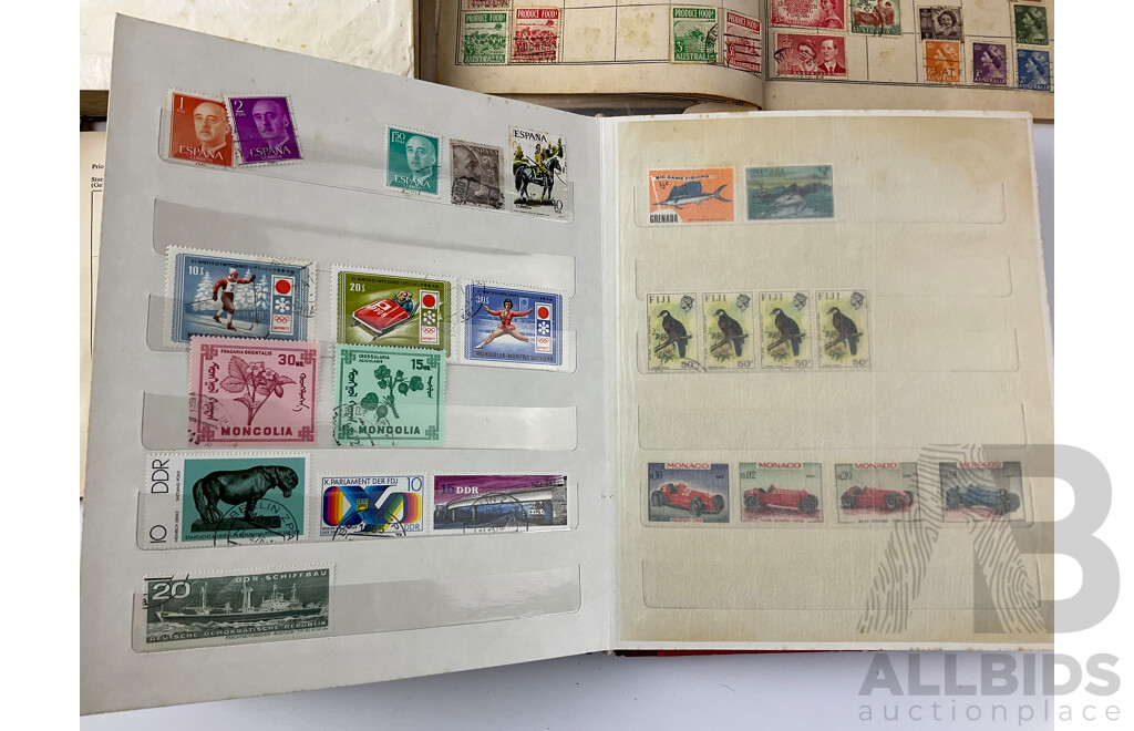 Collection of Vintage International Stamp Albums Including Australian and New Zealand Predecimal, Grenada, Sierra Leone, Denmark, Malaya, Singapore and More