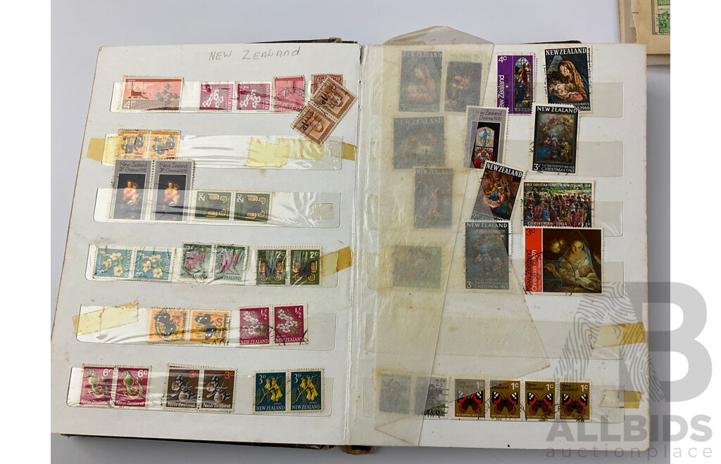 Collection of Vintage International Stamp Albums Including Australian and New Zealand Predecimal, Grenada, Sierra Leone, Denmark, Malaya, Singapore and More