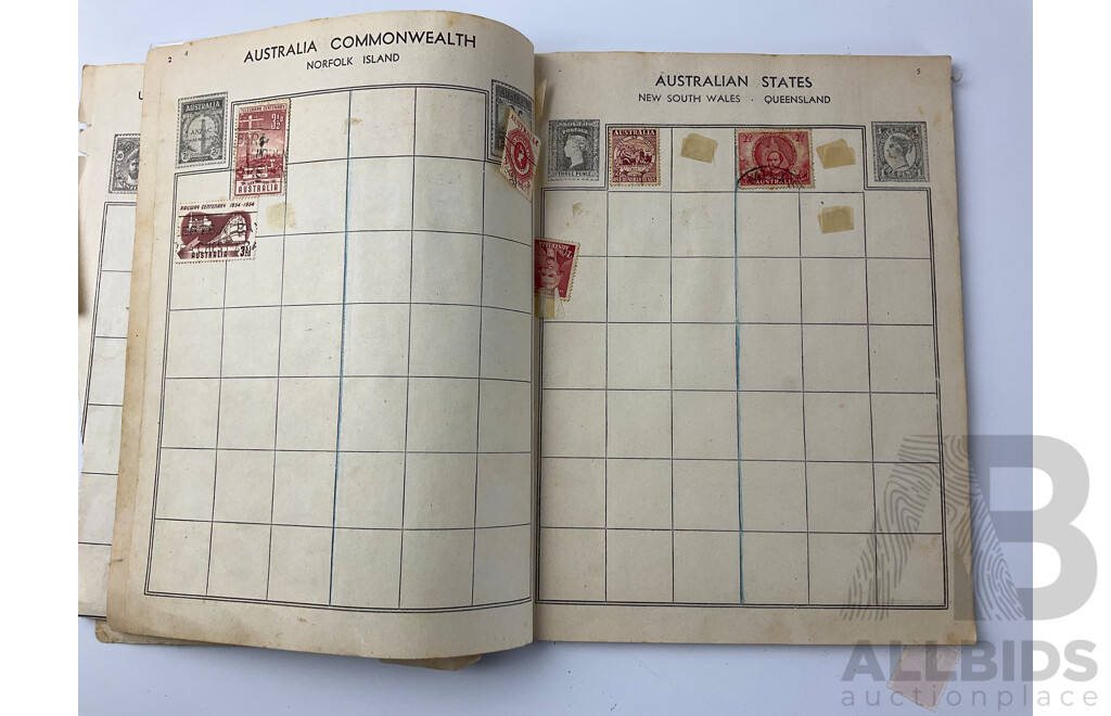 Collection of Vintage International Stamp Albums Including Australian and New Zealand Predecimal, Grenada, Sierra Leone, Denmark, Malaya, Singapore and More