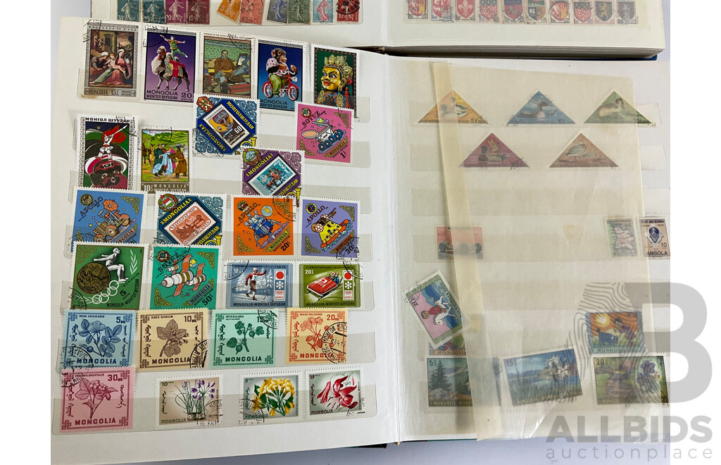 Two Albums of Vintage International Stamps Including Mongolia, Monaco, Panama, Dubai, Cayman Islands, Fiji,  Canada, Hong Kong, China, France, Cameroon, India, Thailand, Spain, Norway, Netherlands, Denmark