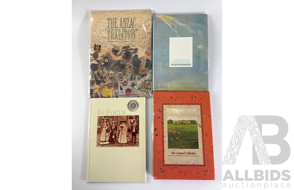Four Australian Postal Books Including The Colonial Collection, Australian Impressionists, in Focus, The ANZAC Tradition